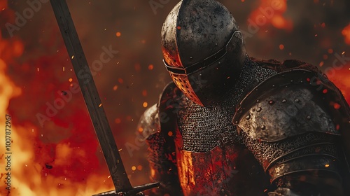 A medieval knight in armor stands ready for battle amidst flames, embodying bravery and strength. photo