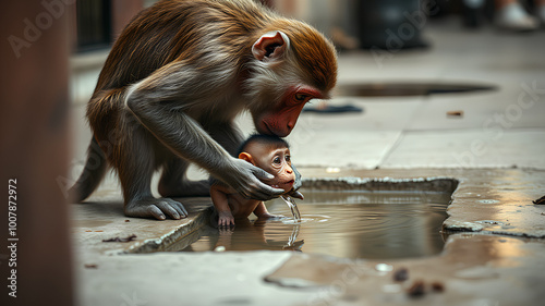 AI image generate poor monkey drinking water on the sidewalk