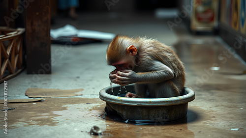 AI image generate poor monkey drinking water on the sidewalk