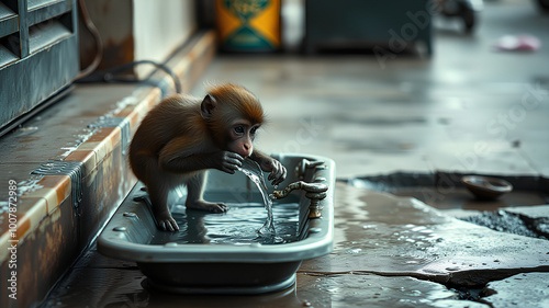 AI image generate poor monkey drinking water on the sidewalk