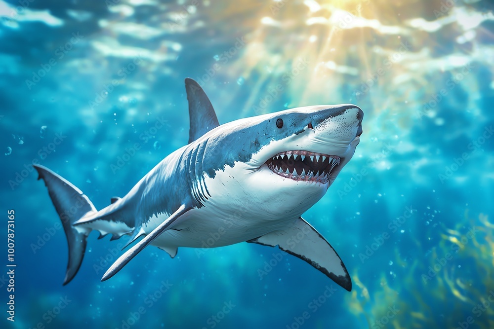 Obraz premium Great white shark swimming underwater, vibrant blue ocean background.