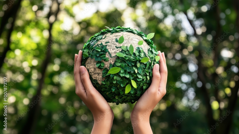 A pair of hands holds a globe covered in leaves, symbolizing environmental care and sustainability amidst a lush green background. A pair of hands holds a globe covered in leaves, symbolizing environmental care and sustainability amidst a lush green background.