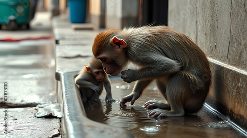 AI image generate poor monkey drinking water on the sidewalk