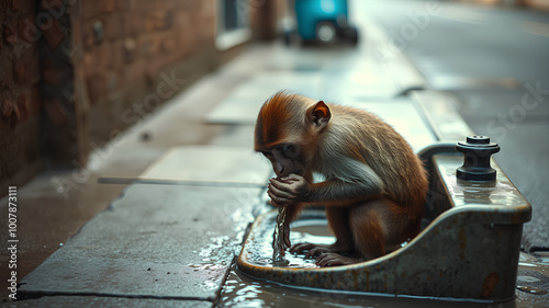 AI image generate poor monkey drinking water on the sidewalk