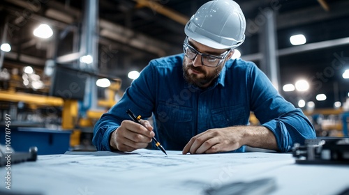 A factory worker in a hard hat and safety glasses draws on a blueprint.