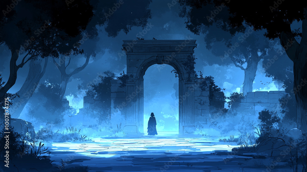 A mysterious landscape with a foggy archway and silhouettes surrounded by trees, creating an enchanting, blue-toned atmosphere. A mysterious landscape with a foggy archway and silhouettes surrounded by trees, creating an enchanting, blue-toned atmosphere.