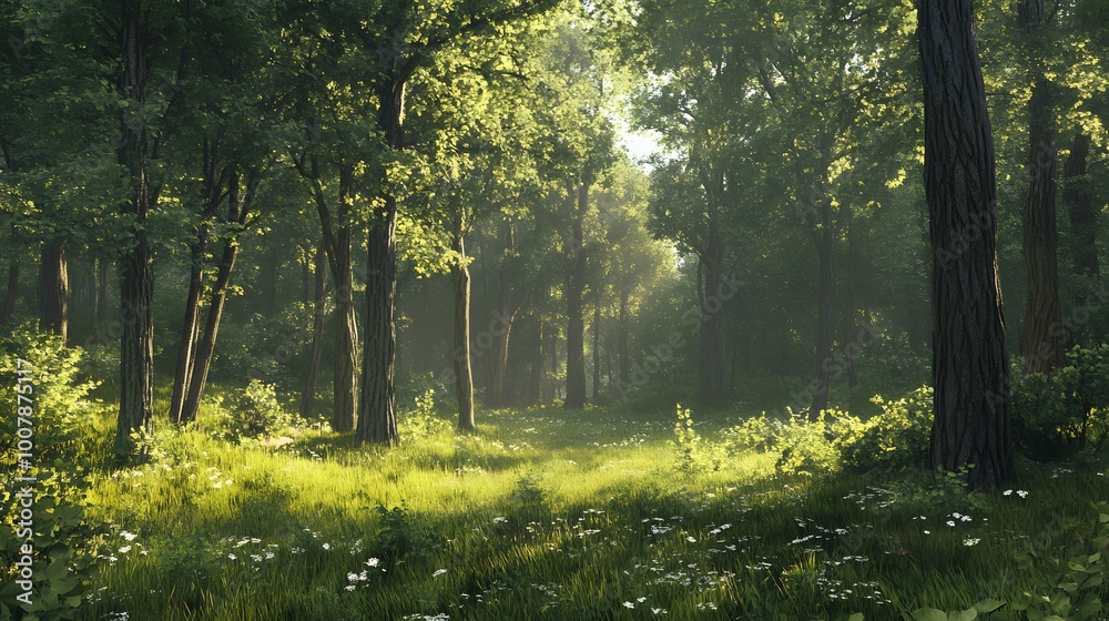 Obraz premium Sunlight Filtering Through a Lush Forest