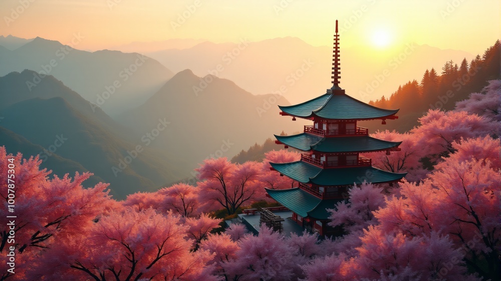 Fototapeta premium Chinese new year banner with copy space, Cherry blossom-covered mountains in the background with a temple at the forefront, symbolizing peace and prosperity.