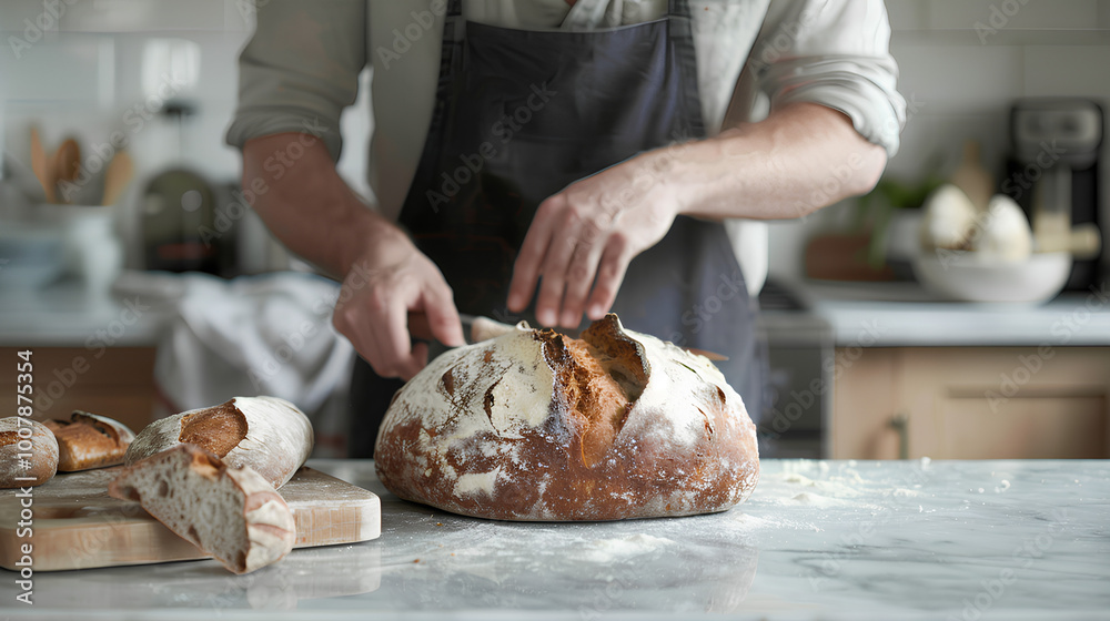 Person baking homemade bread in a minimalist kitchen Person baking homemade bread in a minimalist kitchen
