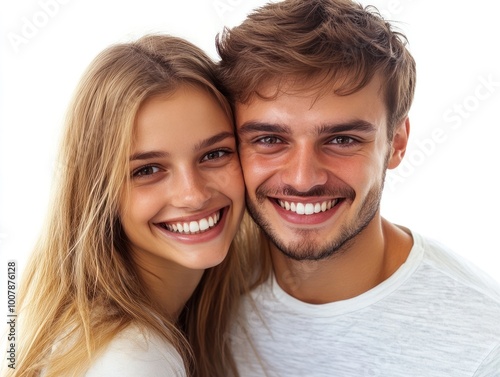 Young couple with joyful expressions, smiling and showing healthy white teeth as they look at the camera together Isolated on white background