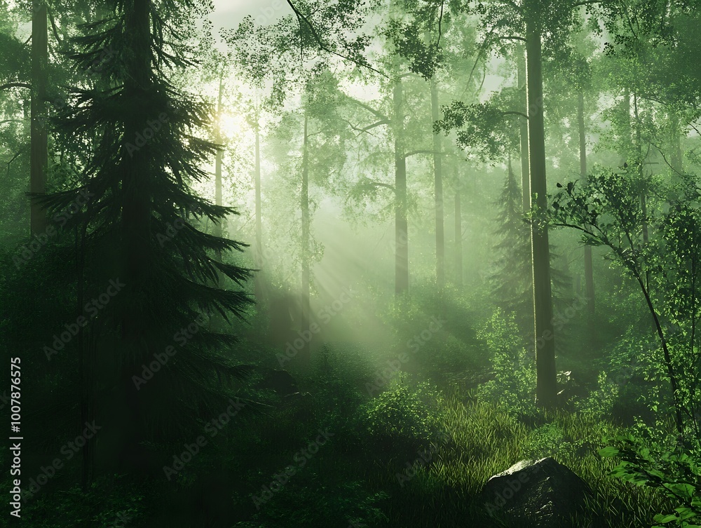 Naklejka premium Sunbeams through Misty Forest