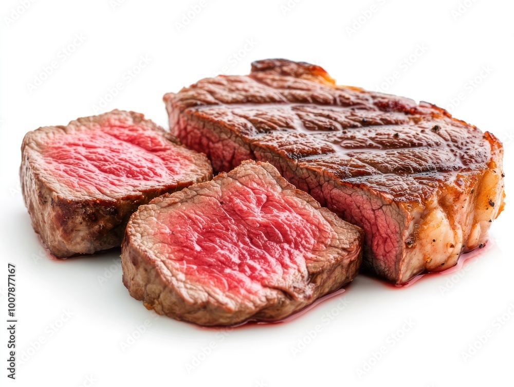 Sliced beef steak showing the juicy, tender inside with a well-seared outer layer Isolated on white background Sliced beef steak showing the juicy, tender inside with a well-seared outer layer Isolated on white background