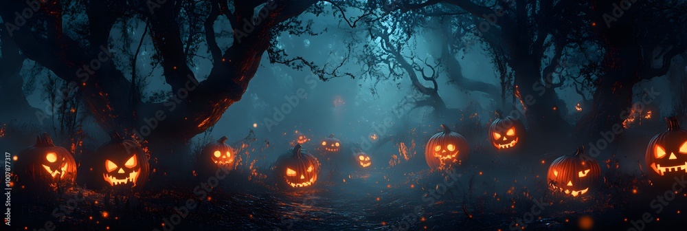 Fototapeta premium Glowing pumpkin heads in dark halloween magic forest