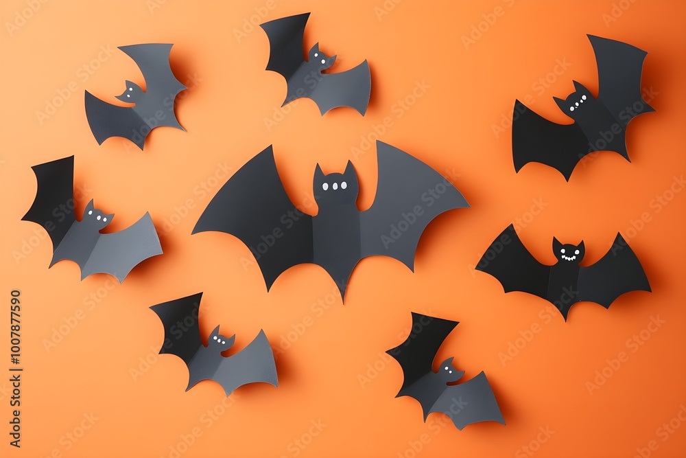 Fototapeta premium Happy halloween holiday concept. Halloween decorations, bats, ghosts on orange background