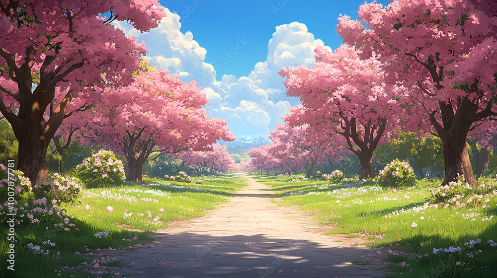 A serene path lined with blooming pink trees under a bright blue sky, perfect for tranquil nature scenes. A serene path lined with blooming pink trees under a bright blue sky, perfect for tranquil nature scenes.