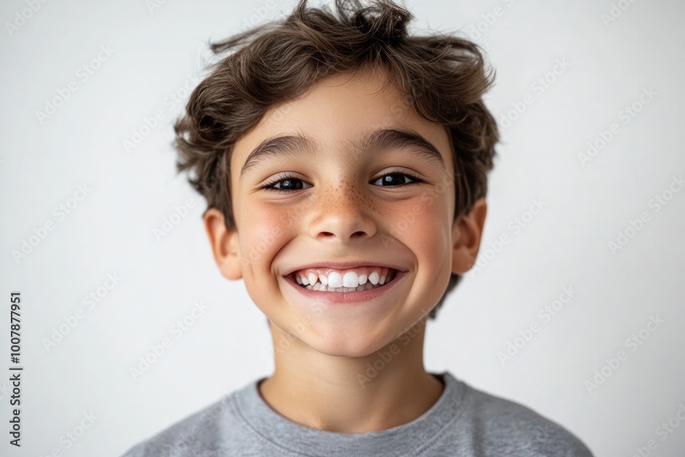 Happy young boy with a toothy grin showing off his white teeth and looking directly at the camera Isolated on white background Happy young boy with a toothy grin showing off his white teeth and looking directly at the camera Isolated on white background