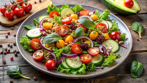 Vibrant Fresh Salad with Tomatoes, Cucumber, Avocado, and Lettuce, Creating a Delicious and Healthy Dish Full of Fresh Ingredients