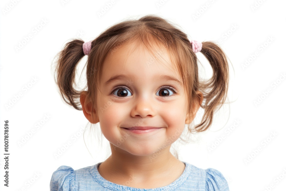Cute little girl with pigtails smiling and making eye contact with the camera while tilting her head slightly Isolated on white background Cute little girl with pigtails smiling and making eye contact with the camera while tilting her head slightly Isolated on white background