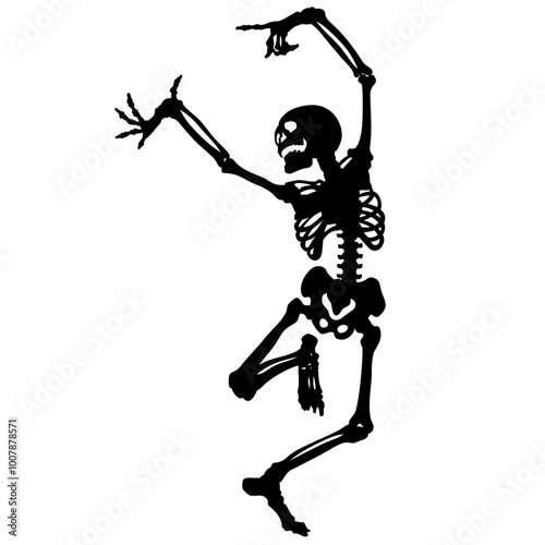 Dancing Skeleton black silhouette, detailed vector svg file, one layer, line drawing illustration, Halloween graphic, bones, skull