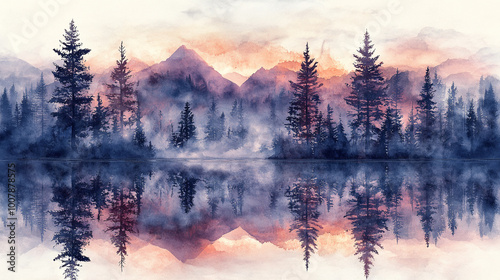 A serene watercolor landscape depicting misty mountains and reflective water surrounded by tall trees at sunrise.