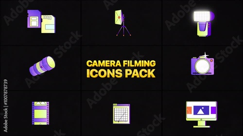 Camera Filming Icons is a motion graphics pack featuring 8 animated icons, each representing essential filming gadgets such as cameras, lenses, and projectors. 4K Resolution and alpha channel
 photo