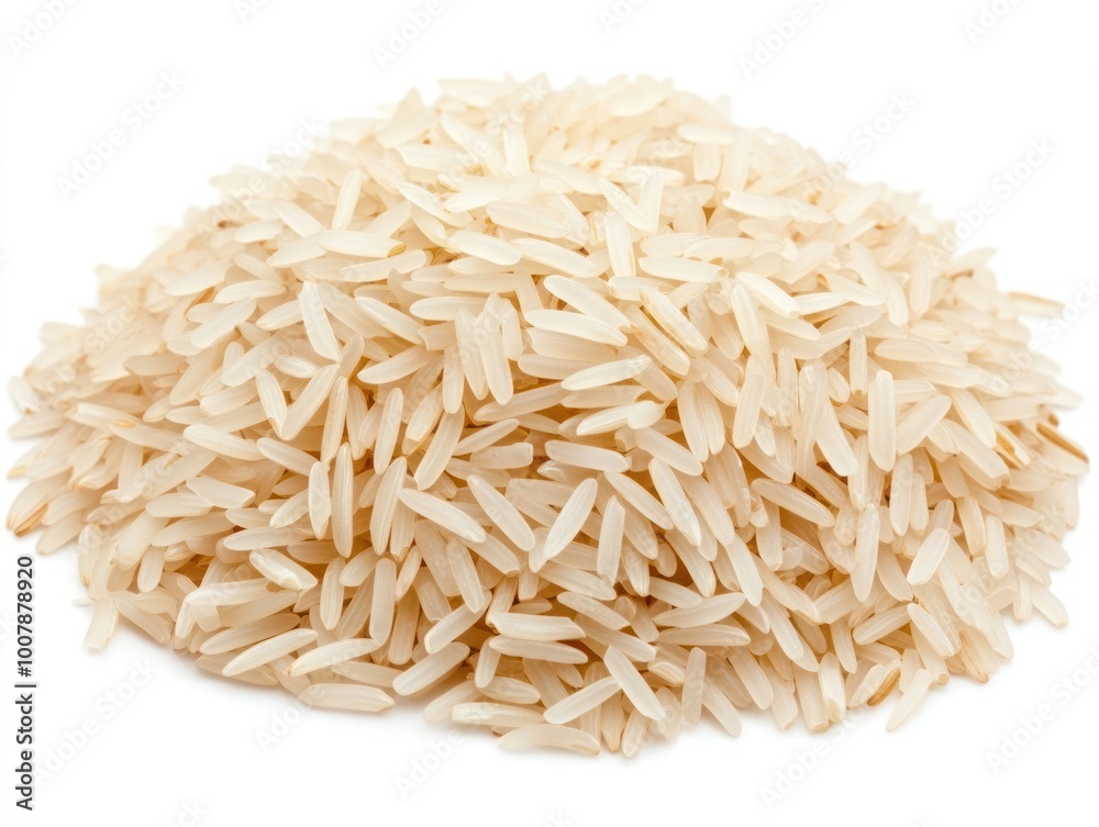 Close-up of cooked basmati rice with long, separate grains arranged neatly Isolated on white background Close-up of cooked basmati rice with long, separate grains arranged neatly Isolated on white background