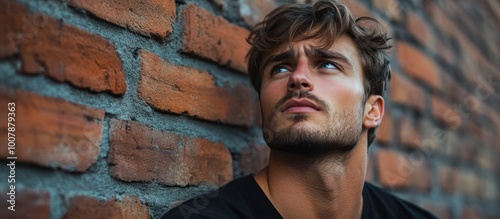 Handsome young man with beard looking up, leaning against a brick wall.