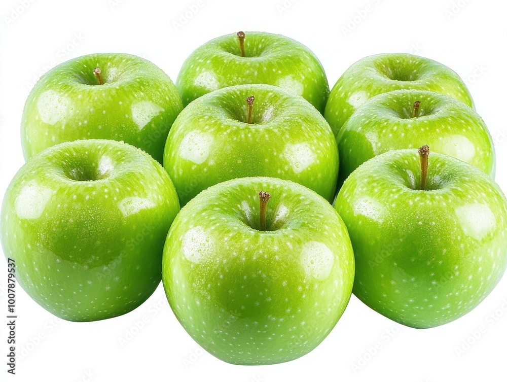 A group of green apples arranged together, each with a glossy surface and vibrant green color Isolated on white background A group of green apples arranged together, each with a glossy surface and vibrant green color Isolated on white background