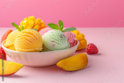 Assorted fruit and berries ice cream in a bowl lemon strawberry and peach flavors scoop balls with fresh mint. A Scoop of Colorful Ice Cream.

