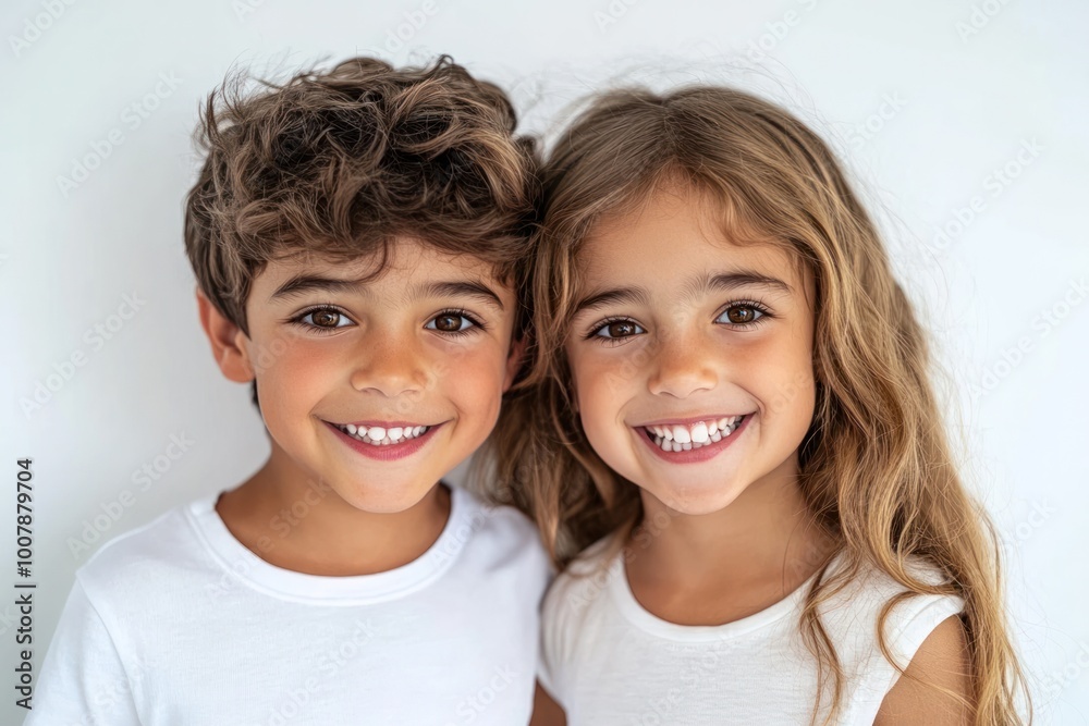 Adorable boy and girl smiling and showing healthy white teeth standing together while making direct eye contact with the camera Isolated on white background Adorable boy and girl smiling and showing healthy white teeth standing together while making direct eye contact with the camera Isolated on white background