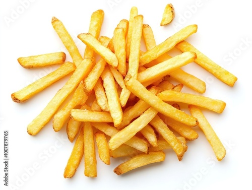 Crispy French fries scattered on a white surface, showcasing their perfect golden color and texture Isolated on white background photo
