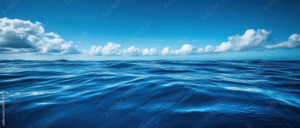 Obraz premium A serene ocean view with gentle waves beneath a bright blue sky and fluffy clouds.