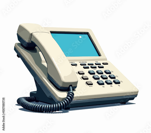 Vintage Beige Desk Phone with Blue Screen and Dial Pad  

