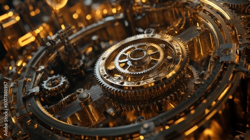 Intricate golden gears and machinery showcasing industrial design and engineering.