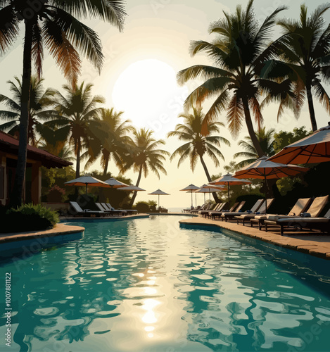 Tropical Pool and Palm Trees at Sunset 
