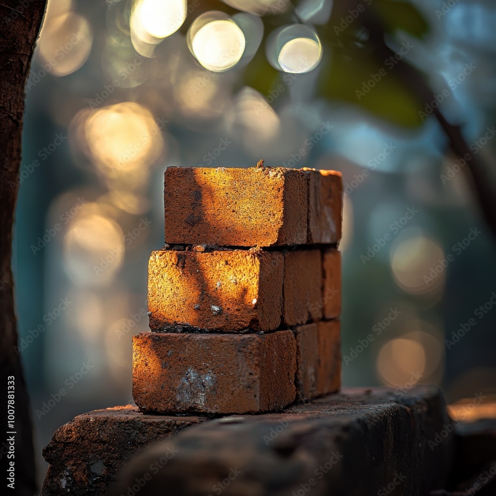 A stack of bricks illuminated by soft light, set against a blurred background of natural hues, creating a calming atmosphere. A stack of bricks illuminated by soft light, set against a blurred background of natural hues, creating a calming atmosphere.