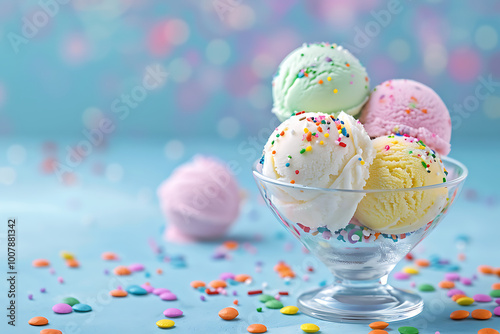 Scoop of pastel gelato in a glass dessert bowl, colorful sprinkles scattered on the background, Creative food concept. Scoop balls of pastel gelato sorbet ice cream in glass dessert .
