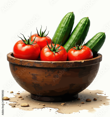 Tomatoes and Cucumbers in Wooden Bowl  

