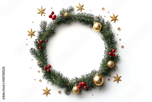 Christmas wreath with golden ornaments and red berries on a white background.