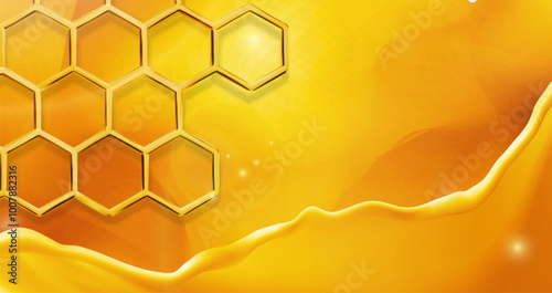 3d realistic vector icon illustration. Horizontal orientation. Cosmetic presentation background. Honeycomb liquid splash banner. 