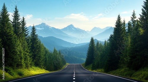 A scenic highway surrounded by lush trees and majestic mountains under a blue sky.