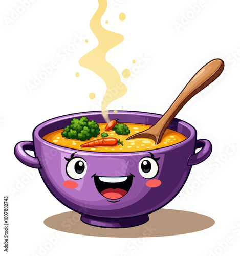 Smiling Bowl of Soup with Vegetables and Spoon
