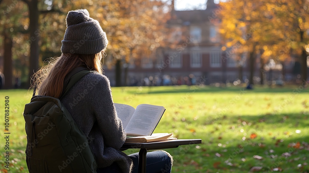 college student sitting at a desk outside on campus, reading a textbook with a notebook beside them, surrounded by the beauty of the university’s green lawns college student sitting at a desk outside on campus, reading a textbook with a notebook beside them, surrounded by the beauty of the university’s green lawns
