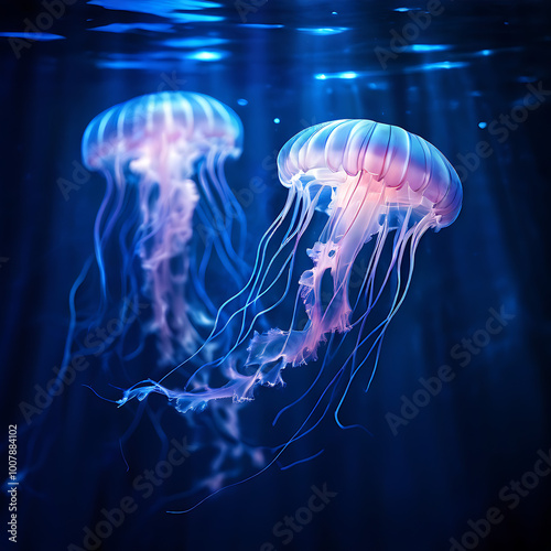 Ethereal jellyfish gracefully float in deep blue ocean, illuminated by soft, glowing light. Capturing underwater beauty and tranquility. 