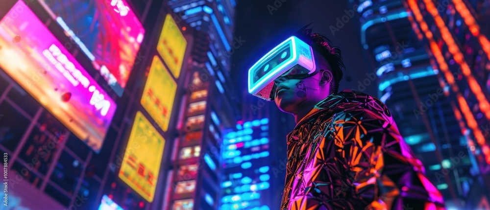 Fototapeta premium A futuristic figure wearing a VR headset amidst vibrant neon city lights.