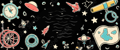 Nautical and Space Themed Pattern on Black Background 
