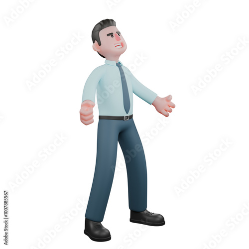 3D Male Financial Analyst in Professional Role. A male financial analyst is standing with his arms wide open, showing an expression of surprise or enthusiasm. Economic Cartoon