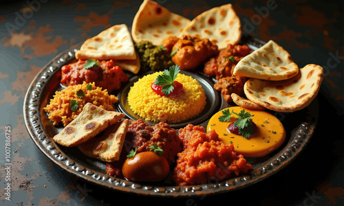 Indian Cuisine Platter with Naan and Rice