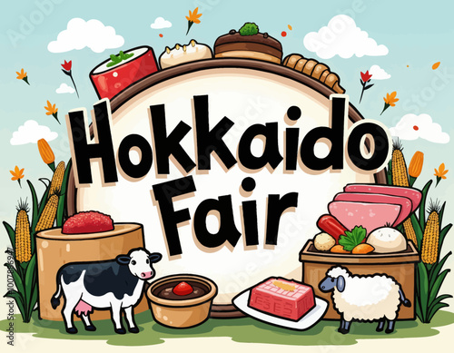 Hokkaido Fair Illustration with Cow, Sheep, and Food 
