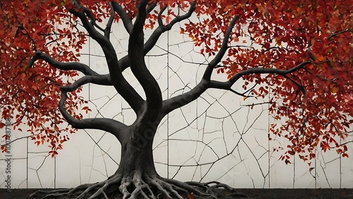 Digital artwork featuring a stylized tree with a dramatic, sweeping trunk and branches, depicted with a dark, textured bark, and its branches extend across the upper portion of the image photo